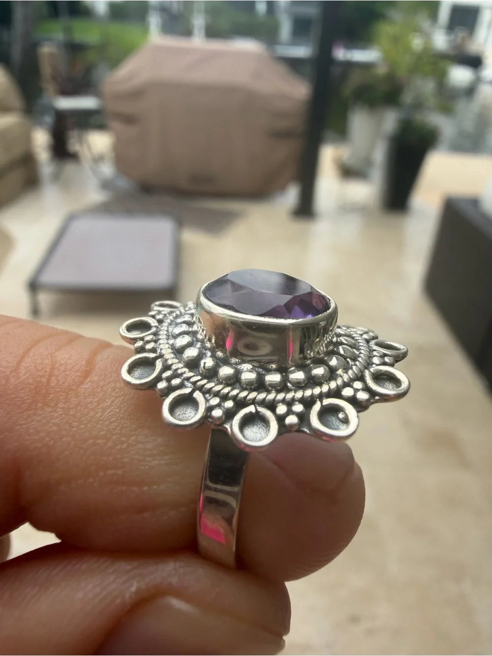 Sterling Genuine Amethyst Purple Gemstone Statement Ring